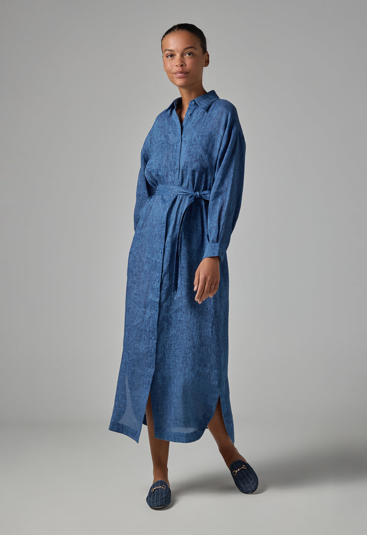 Choice Solid Patch Pockets Belted Shirt Dress Indigo