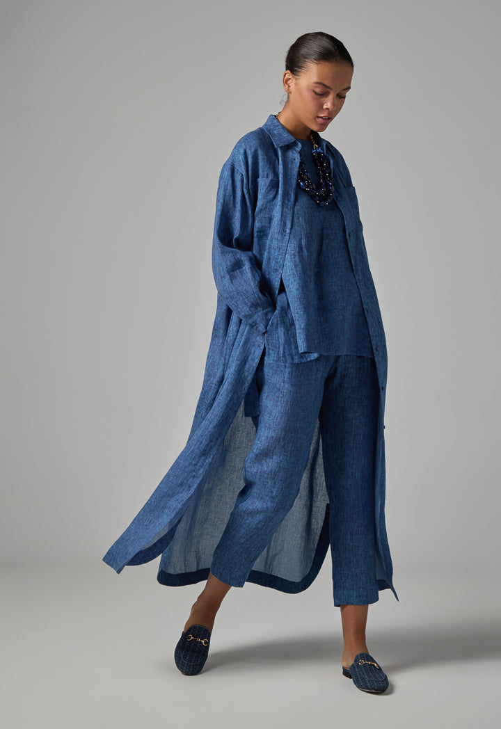 Choice Solid Patch Pockets Belted Shirt Dress Indigo