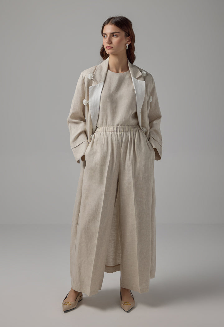 Choice Solid Linen Wide Leg Trousers Beige