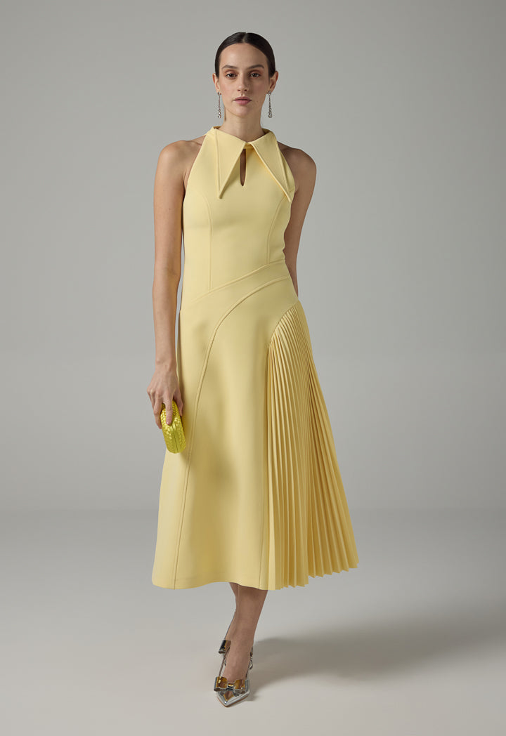 Choice Pointed Collar Pleated Maxi Dress Yellow