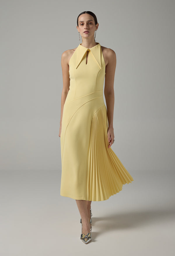 Choice Pointed Collar Pleated Maxi Dress Yellow