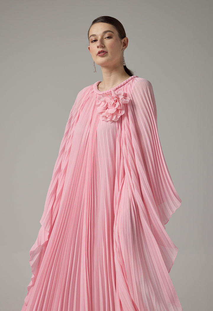 Choice Braid Detail Round Neck Pleated Dress Pink