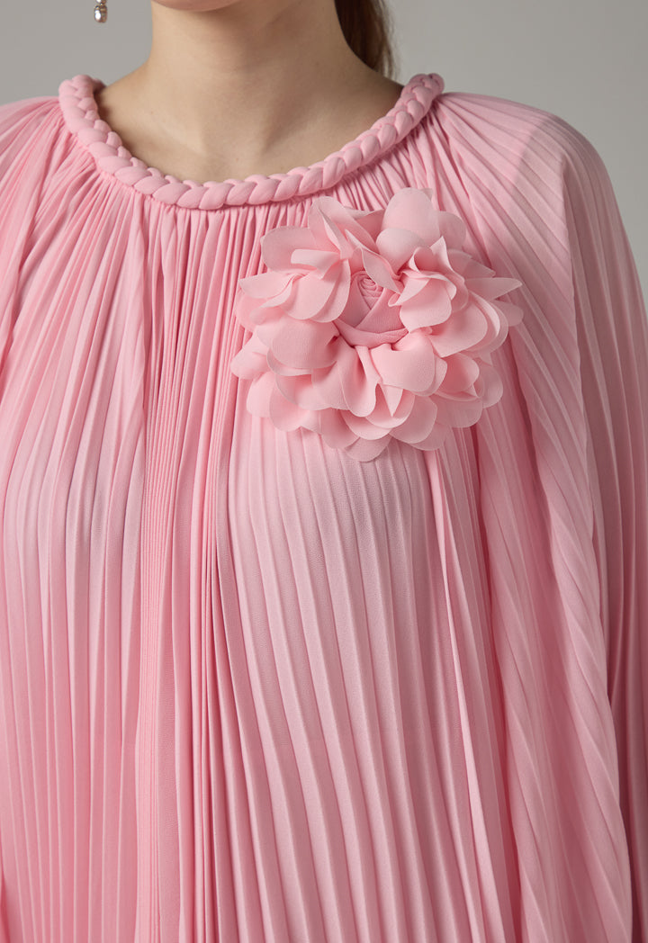 Choice Braid Detail Round Neck Pleated Dress Pink