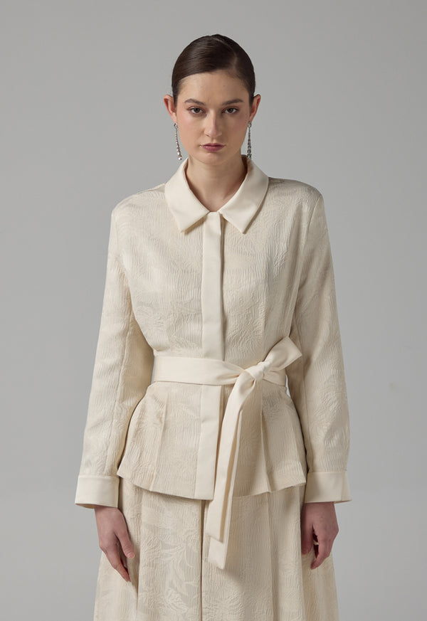 Choice Floral Jacquard Belted Jacket Beige