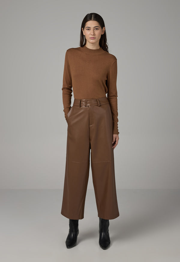 Choice Pu Leather Wide Legs Basic Trousers Brown