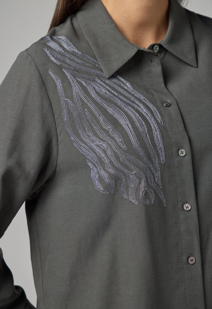 Choice High Low Embroidered Shirt Grey