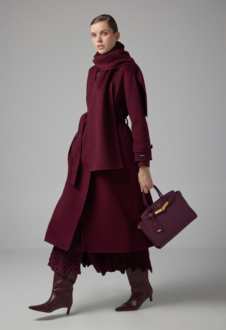 Choice Wool Handmade Coat With Detachable Scarf Burgundy