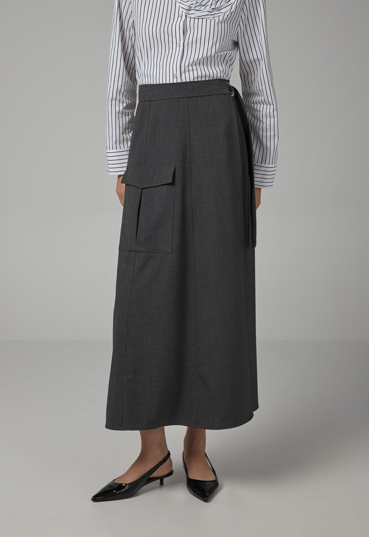 Choice Solid Wrap Flap Pocket Skirt Dark Grey