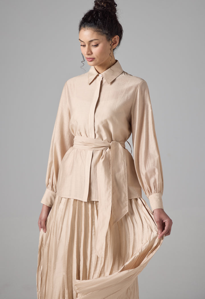 Choice Long Sleeve Basic Belted Shirt Beige