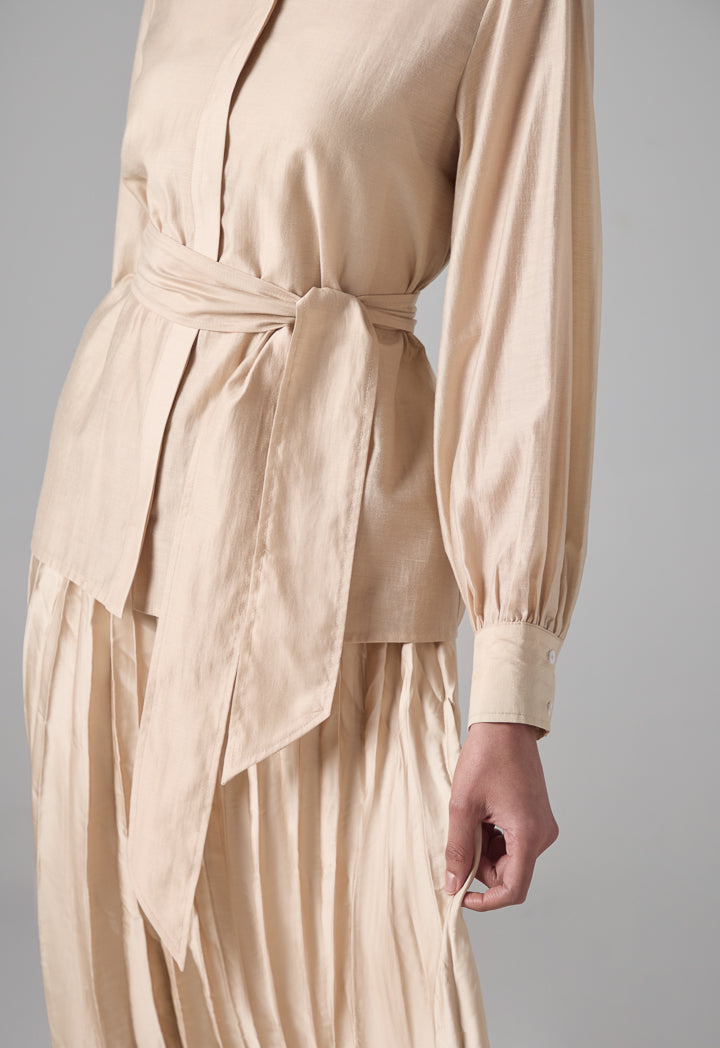 Choice Long Sleeve Basic Belted Shirt Beige