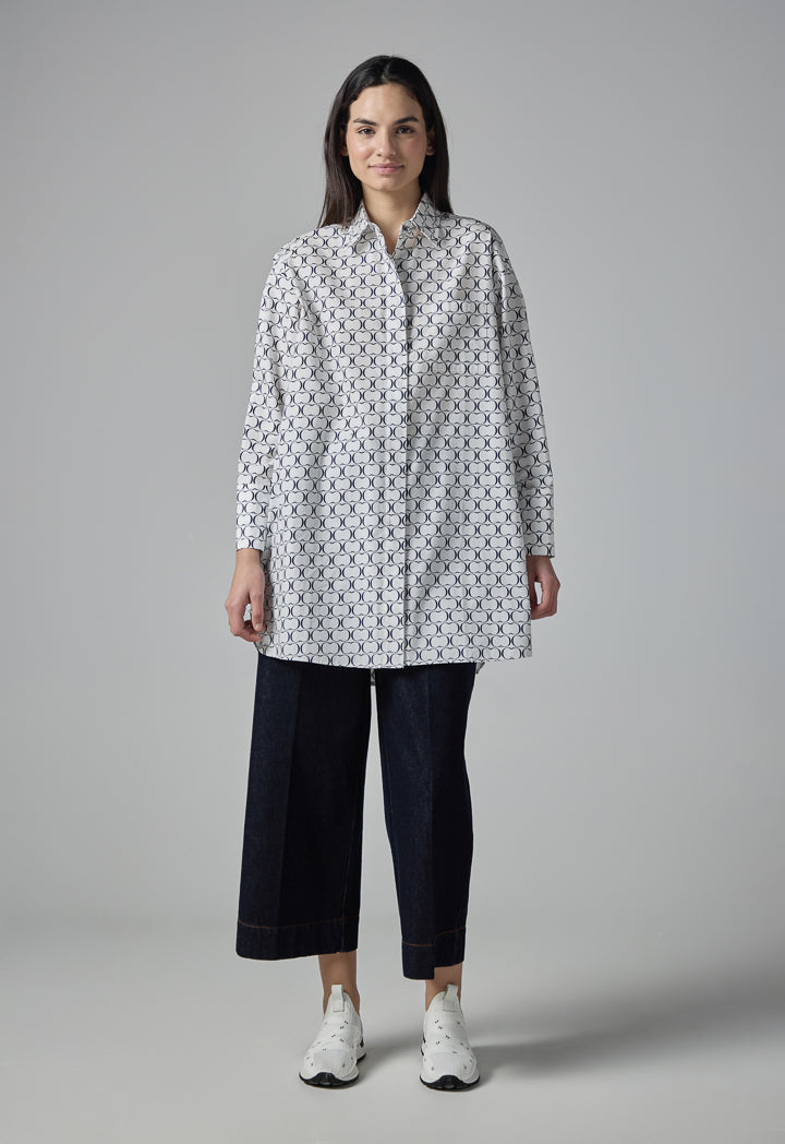 Choice Monogram Print Flared Long Shirt Navy-White