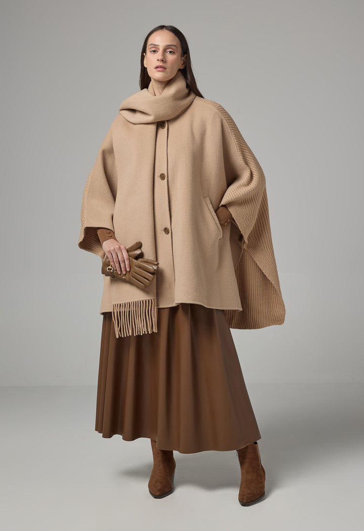 Choice Winter Wool Poncho With Non Detachable Scarf Beige