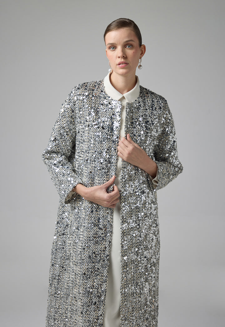 Choice Sequin Embellished Tweed Coat Grey