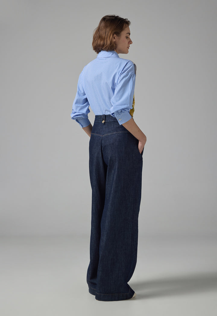 Choice Floral Print Wide Leg Denim Trousers Indigo