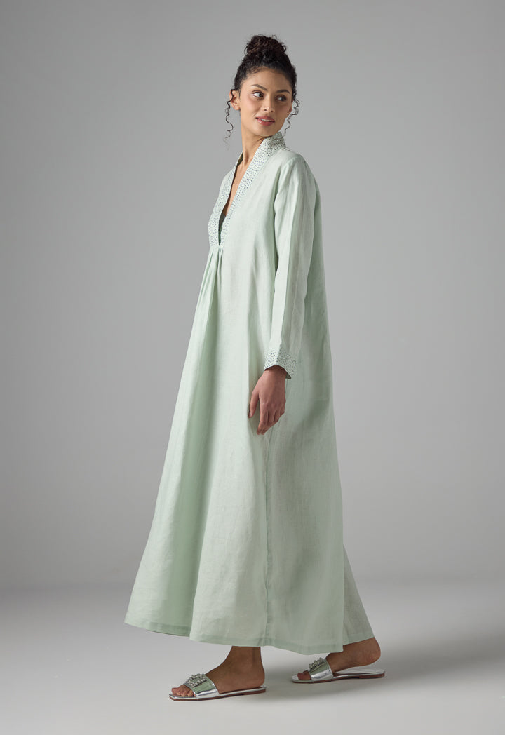 Choice Long Sleeve Crystal Embellished Linen Dress Mint