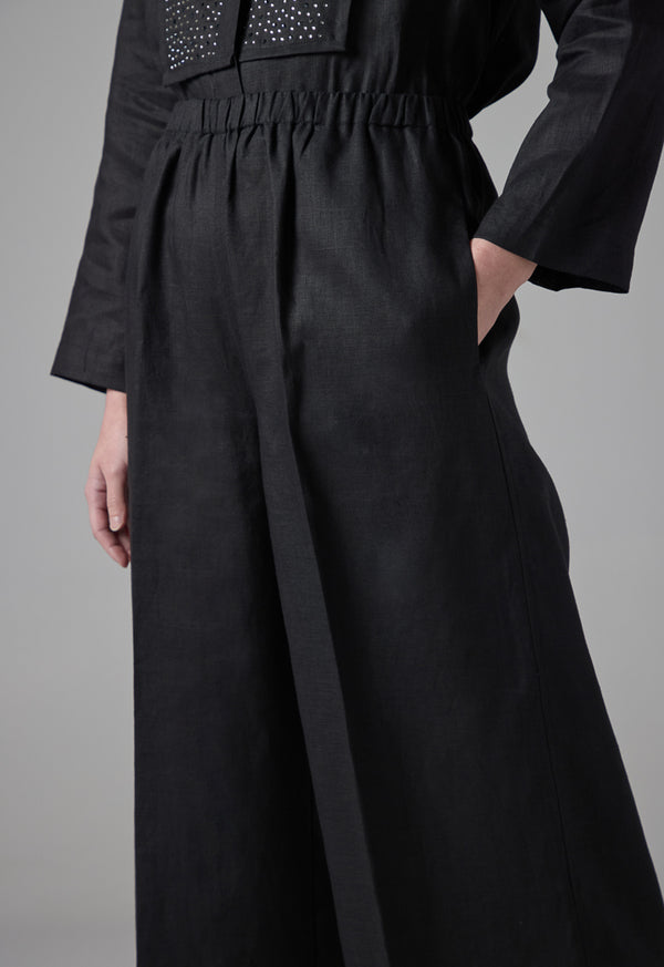 Choice Solid Wide Leg Linen Trousers Black