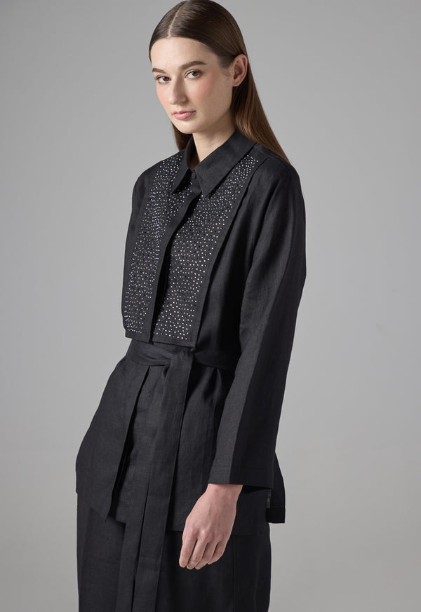 Choice Solid Crystal Embellished Linen Shirt Black