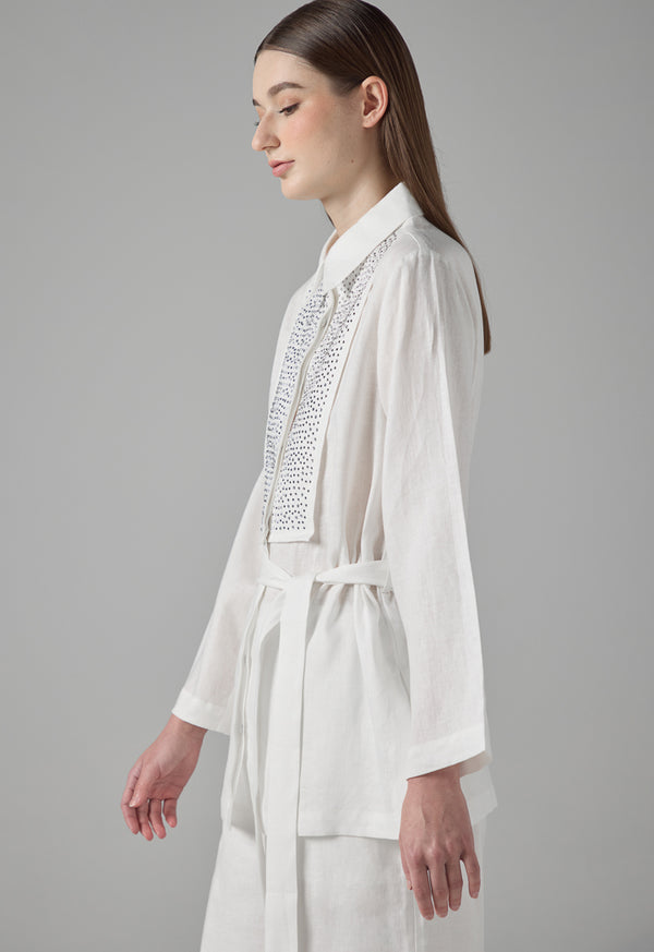 Choice Solid Crystal Embellished Linen Shirt Off White