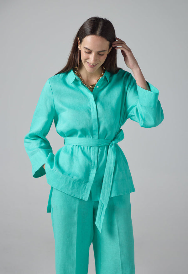 Choice Long Sleeves Basic Belted Shirt Turquoise