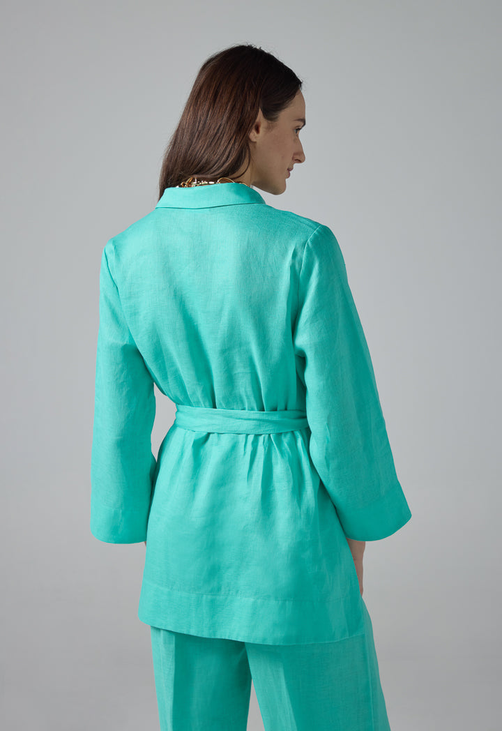 Choice Long Sleeves Basic Belted Shirt Turquoise