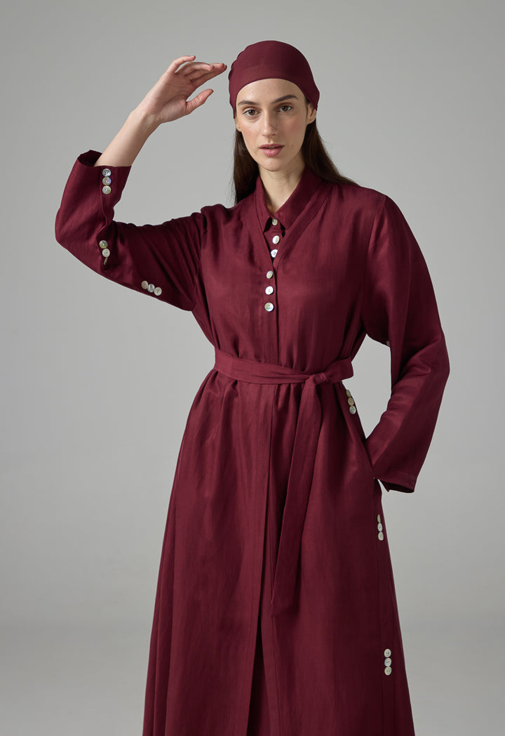 Choice Solid Oversized Maxi Belted Abaya With Hijab Burgundy