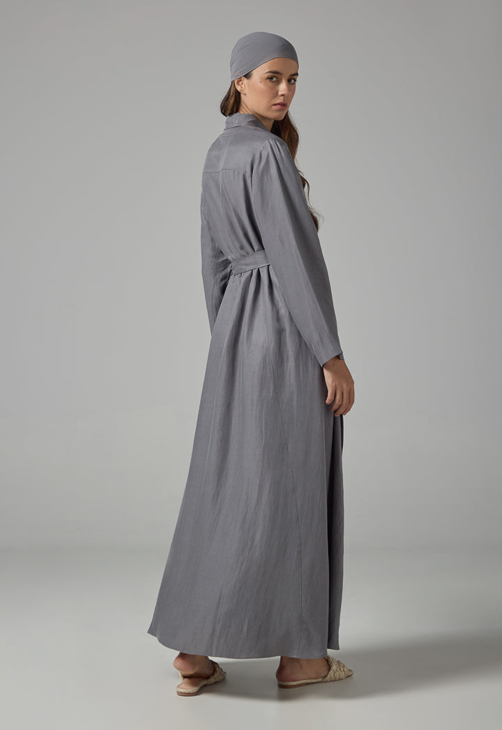 Choice Solid Oversized Maxi Belted Abaya With Hijab Grey