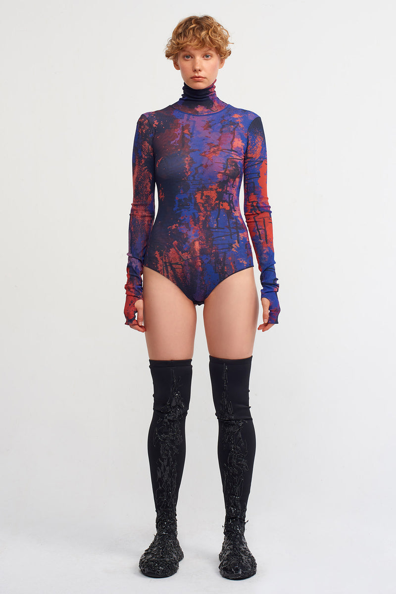 Nu Printed Turtleneck Mesh Bodysuit Red