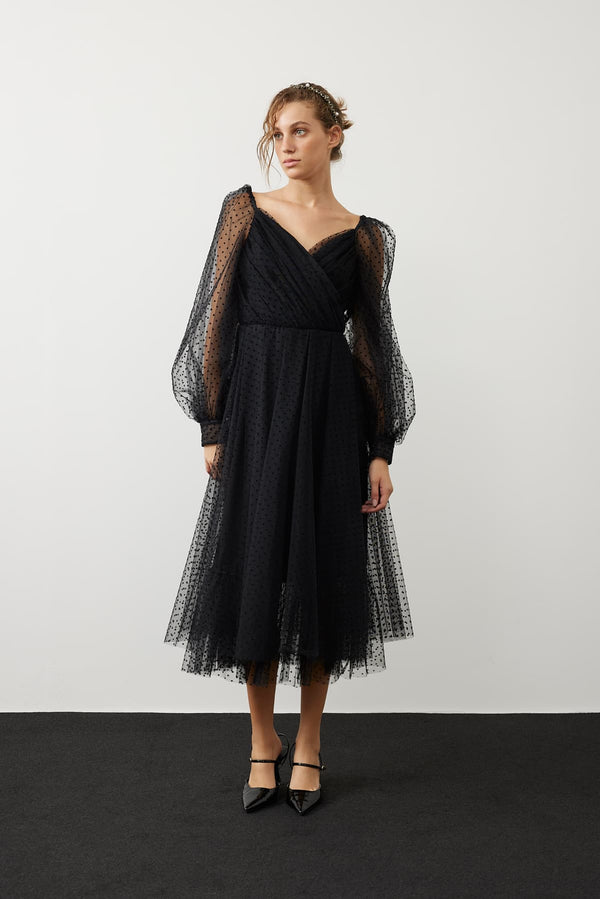 Roman Polka Dot Sheer Midi Dress Black