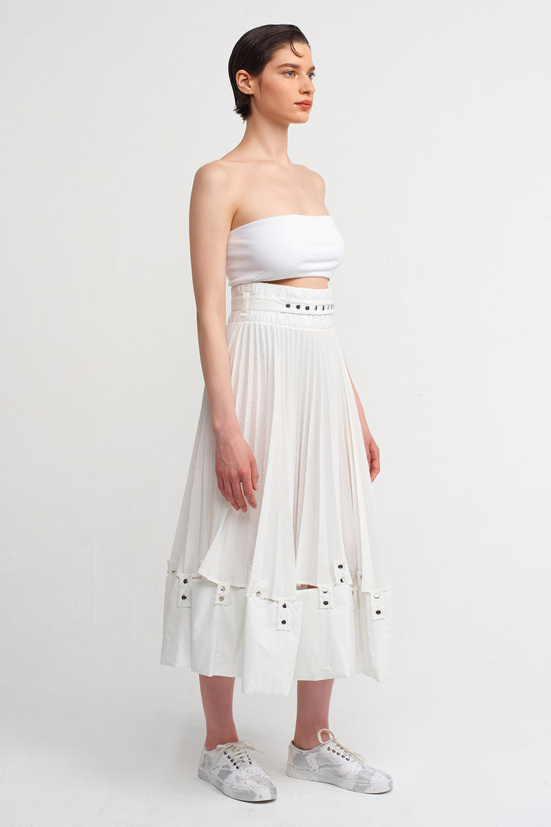 Nu Snap Detailed Pleated Midi Skirt Off White