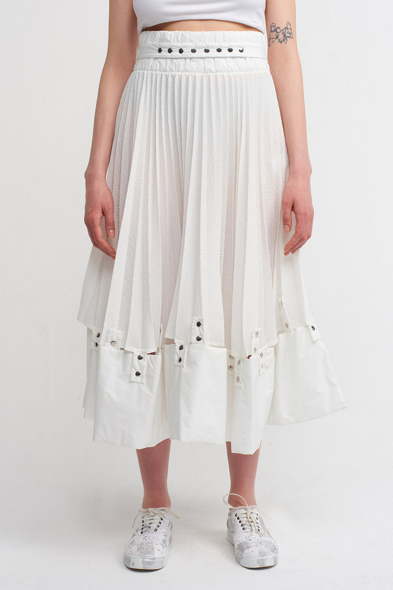 Nu Snap Detailed Pleated Midi Skirt Off White