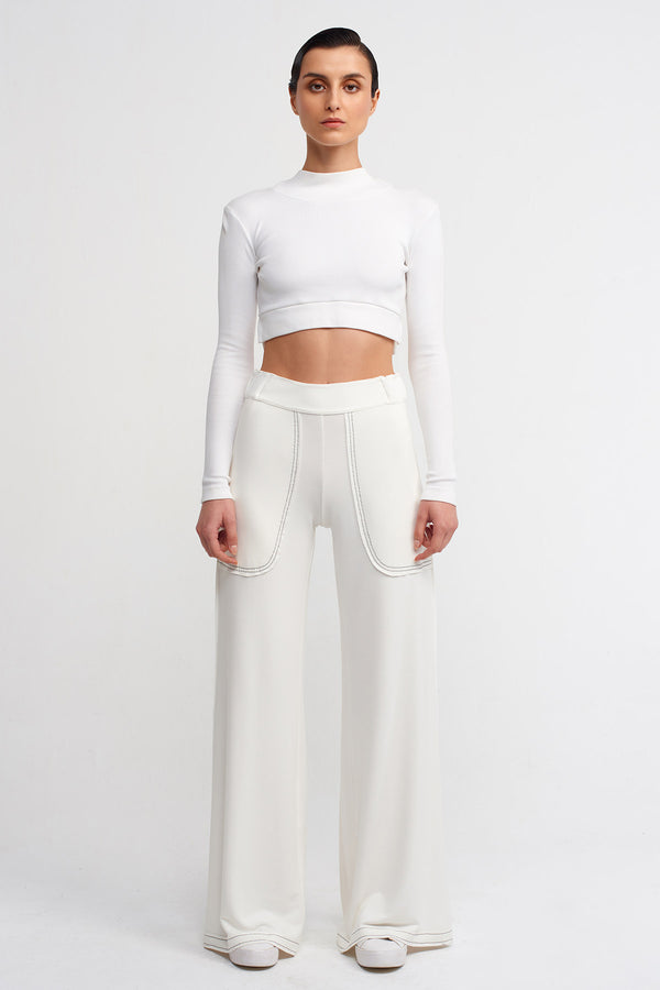 Nu Contrast Stitched Detail Wide-Leg Trousers Off White/Black