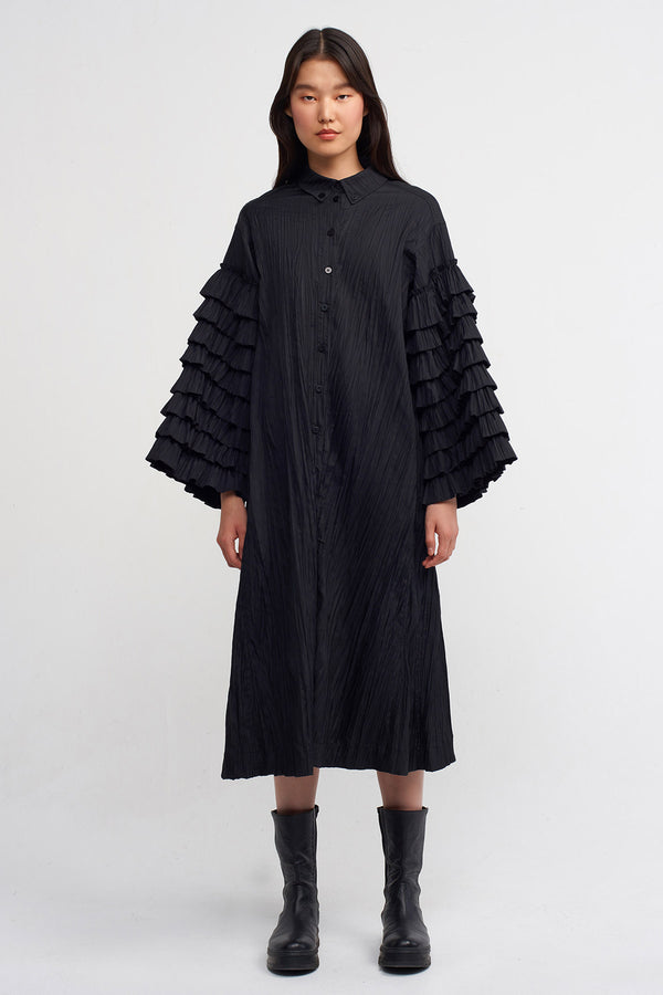 Nu Ruffled Sleeve Detail Shirt Dress Black