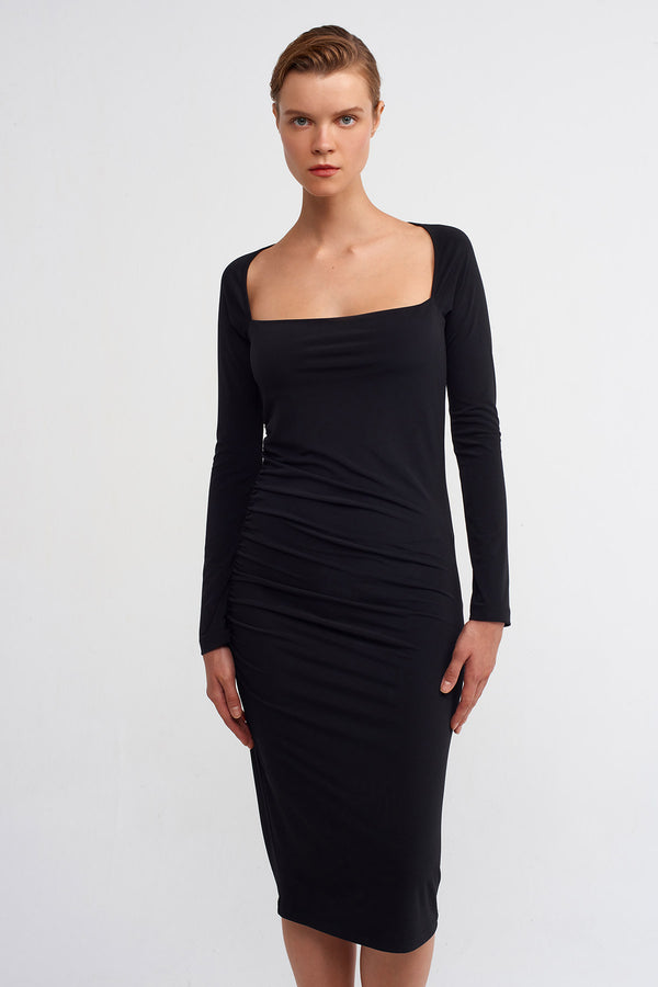 Nu Shirred Detail Midi Dress Black