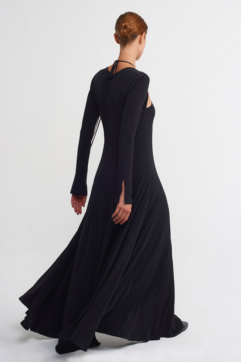 Nu Long-Sleeve Dress with Drop Neckline Black