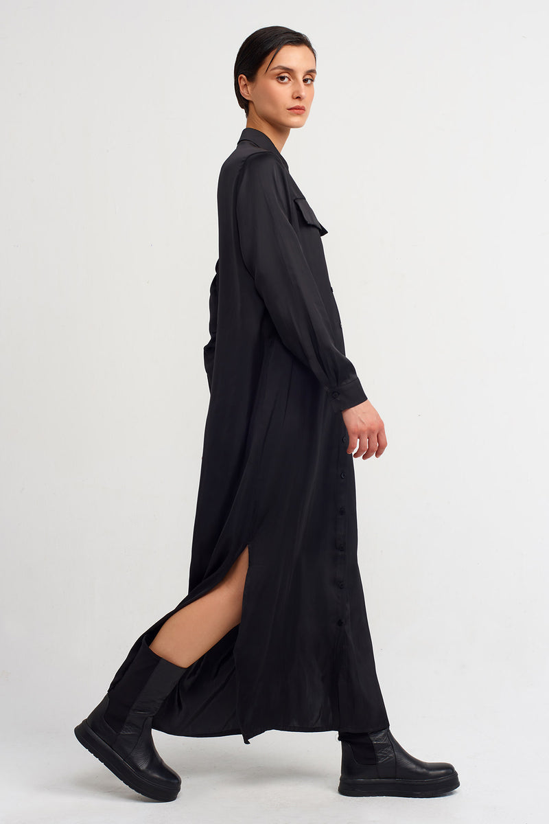 Nu Long Satin Shirt Dress Black