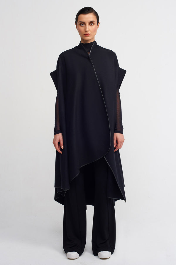 Nu Leather Trimmed Cape Jacket Black