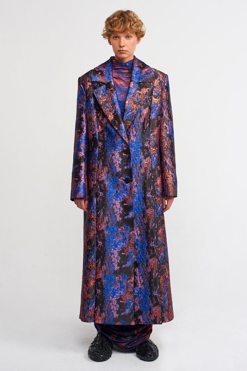 Nu Jacquard Patterned Long Coat Multi Color