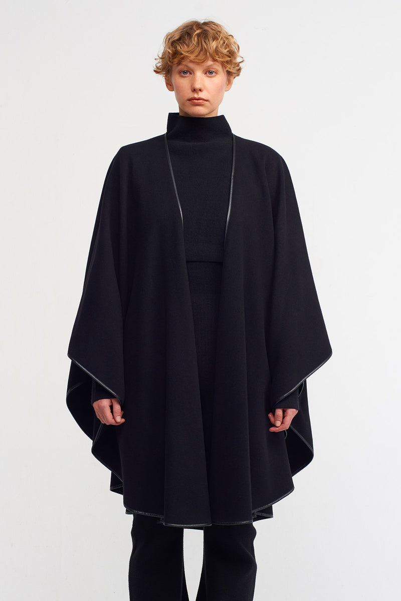 Nu Piping Detailed Wool Poncho Black