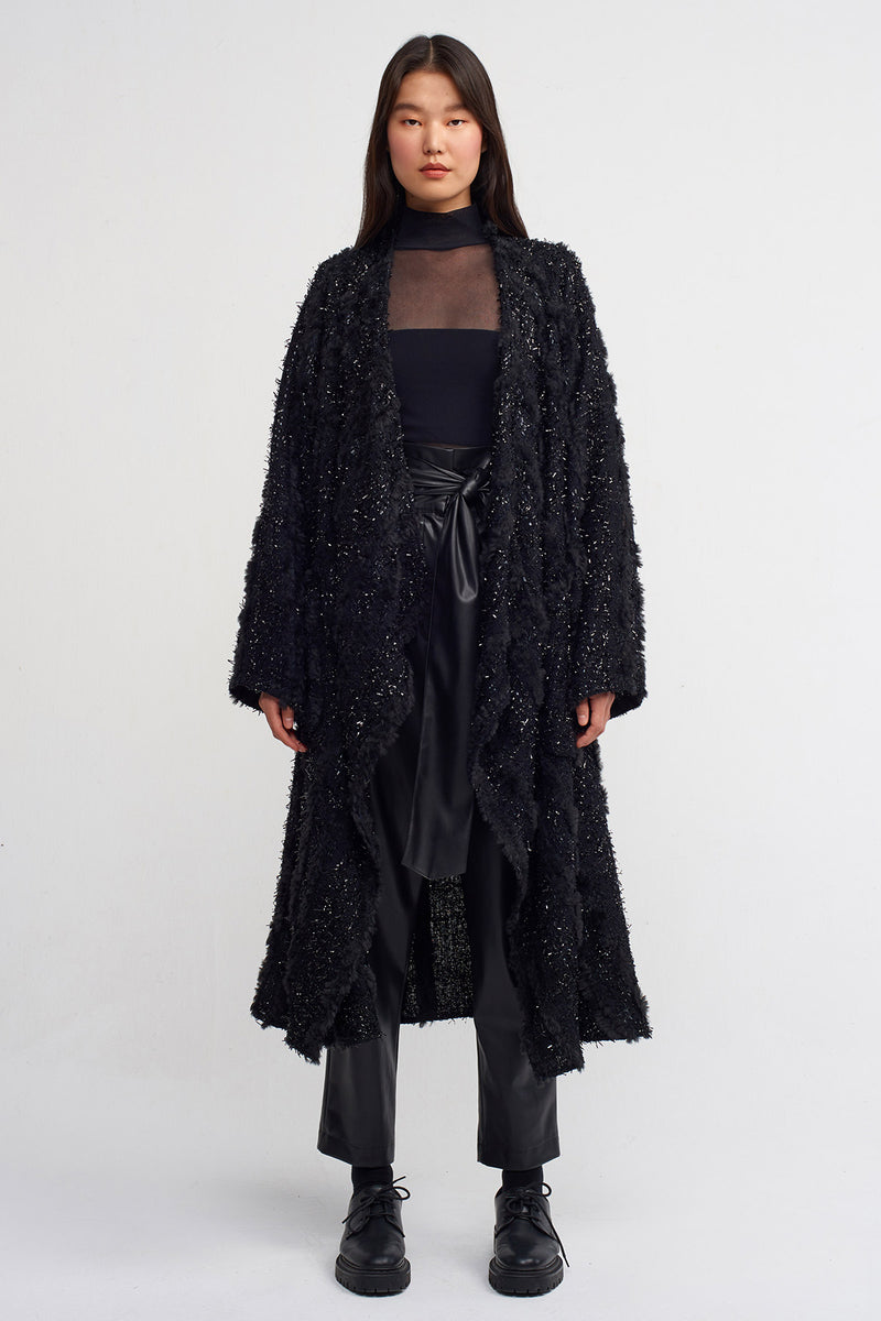 Nu Fur Detail Midi Coat Black