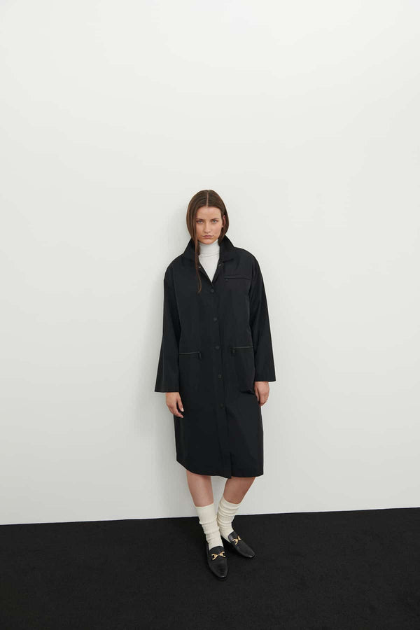 Roman Solid Midi Trench Coat Black