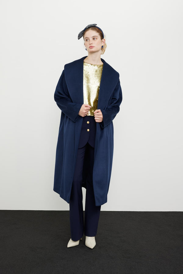 Roman Shawl Collar Belted Coat  Navy