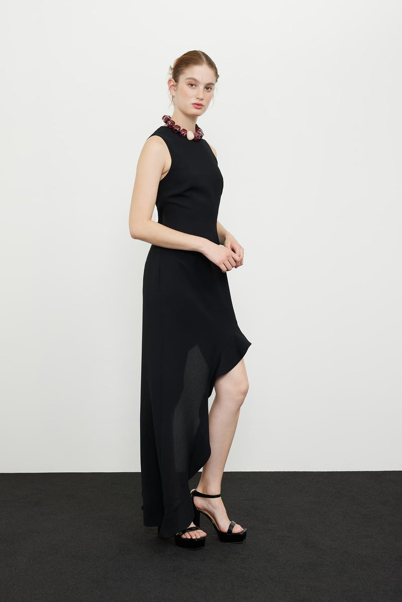 Roman Flounce Detailed Asymmetrical Crepe Dress Black