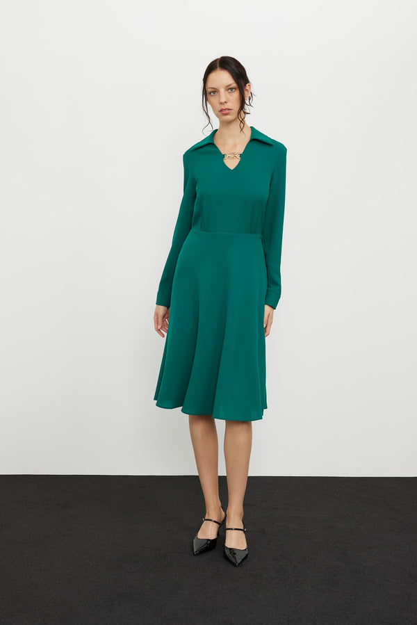 Roman Crepe Midi Dress With Metal Accessories Green