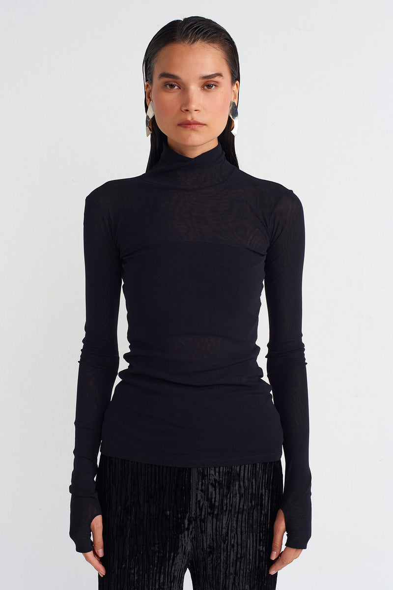 Nu Turtleneck Sheer Bodysuit Black