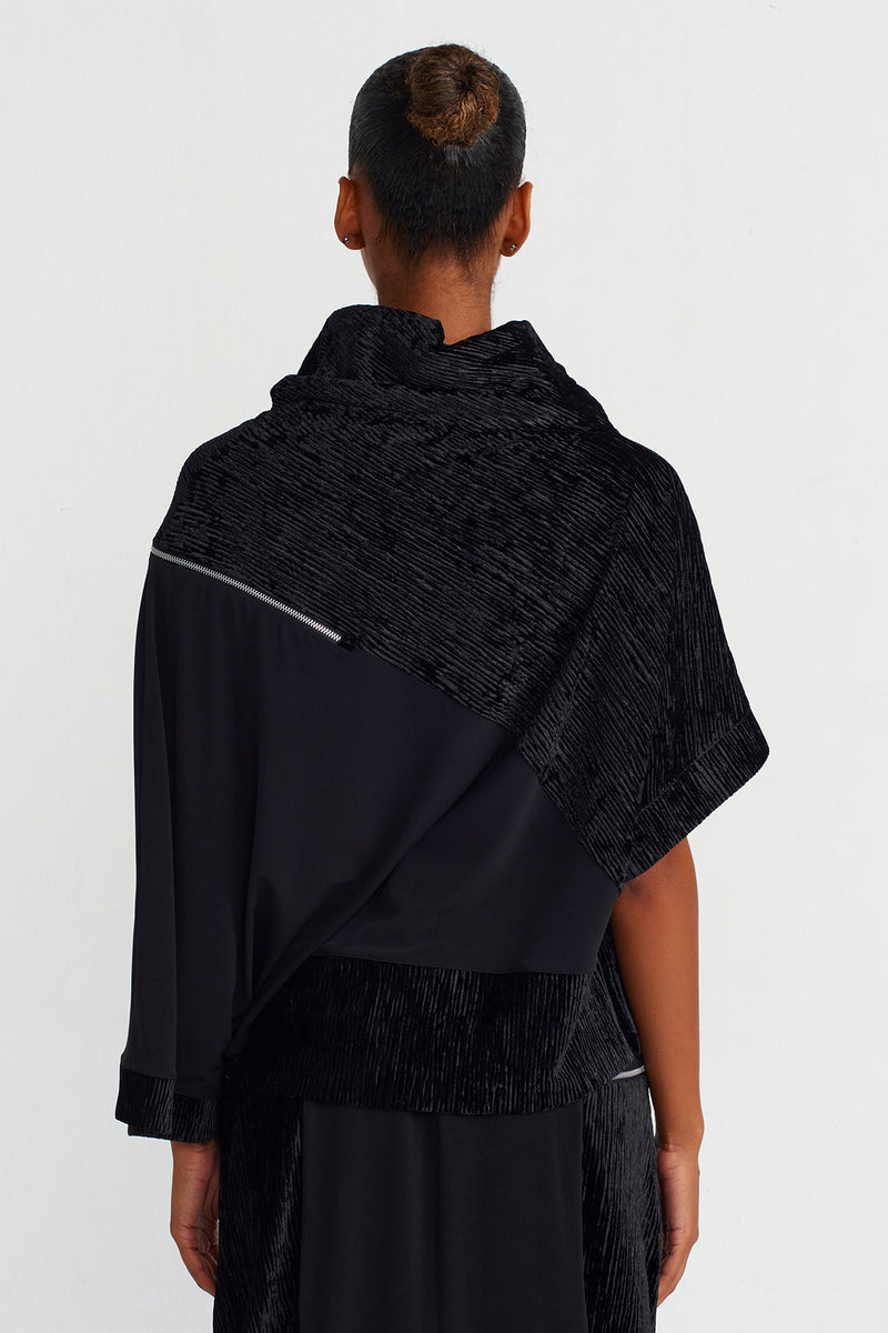 Nu Zip Detail Asymmetric Velvet Blouse Black