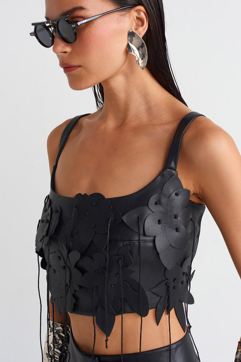 Nu Leather Flower Motif Bustier Black