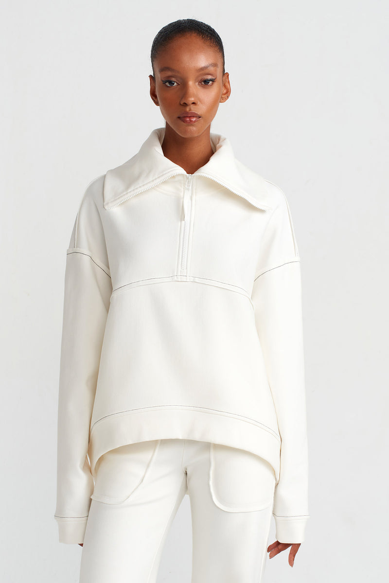 Nu Zip Neck Contrast Stitch Sweatshirt White