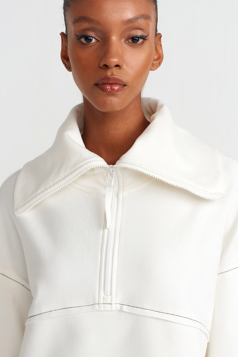 Nu Zip Neck Contrast Stitch Sweatshirt White