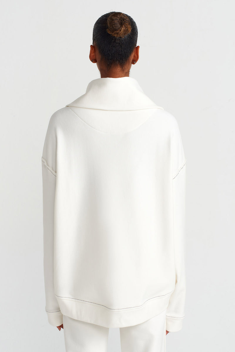 Nu Zip Neck Contrast Stitch Sweatshirt White