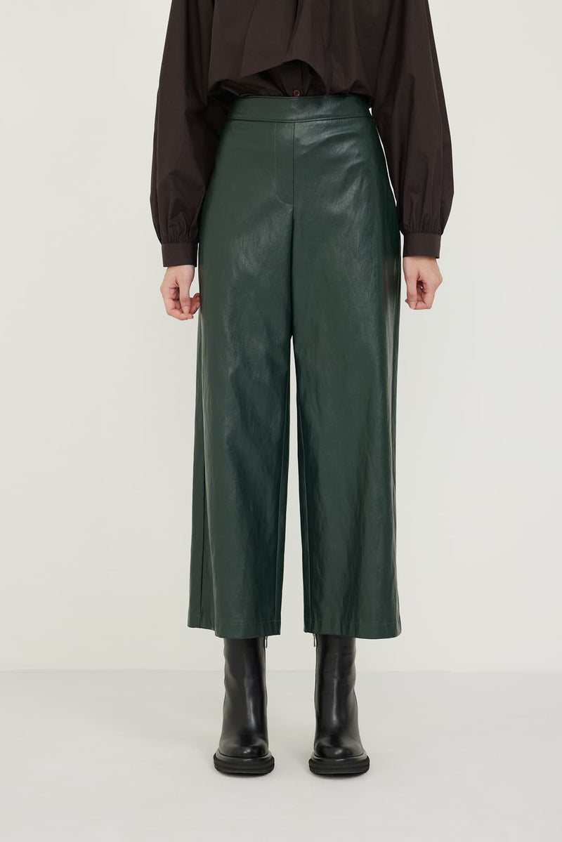 Roman Wide Leg Leather Trousers Green